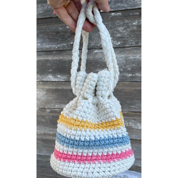 Vintage 1970s Cotton Crochet Pastel Stripe Drawstring Bag Purse - Picture 9 of 13
